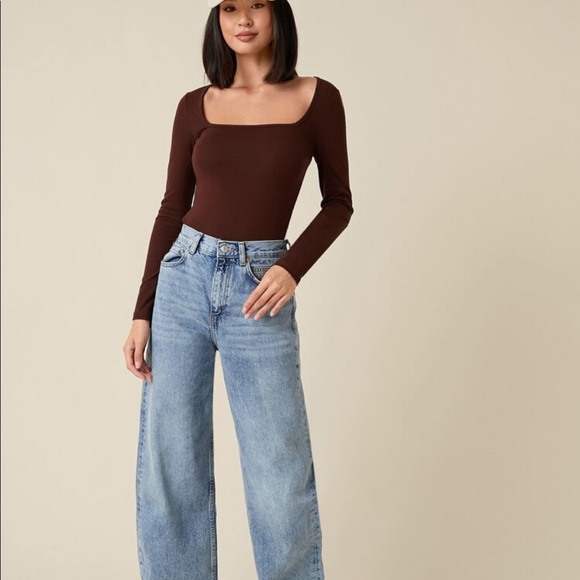 SHEIN Tops | Shein Brown Square Neck Solid Top Long Sleeves | Poshmark